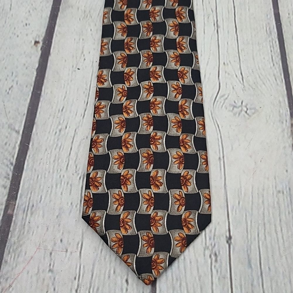 Vintage Ketch Black Orange Flower Power Retro Colorful Print  Tie
